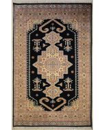 5'1x8'5 Caucasian Design Area Rug with Silk & Wool Pile - Geometric Medallion Design | Hand-Knotted in Black