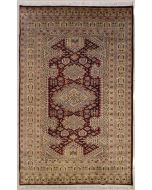 5'0x8'0 Caucasian Design Area Rug with Silk & Wool Pile - Geometric Design | Hand-Knotted in Red