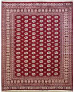 8'0x8'9 Bokhara Jaldar Area Rug with Wool Pile - Special Mori Bokhara Elephant Foot Design | Hand-Knotted in Red