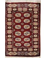 2'6x3'9 Bokhara Jaldar Area Rug with Silk & Wool Pile - Special Mori Bokhara Elephant Foot Design | Hand-Knotted in Red