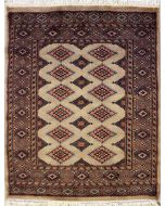 2'11x3'11 Bokhara Jaldar Area Rug with Silk & Wool Pile - Geometric Diamond Design | Hand-Knotted in Beige