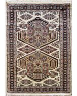 3'1x5'0 Caucasian Design Area Rug with Silk & Wool Pile - Geometric Design | Hand-Knotted in Ivory