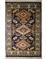 3'1x5'0 Caucasian Design Area Rug with Silk & Wool Pile - Geometric Diamond Design | Hand-Knotted in Blue