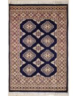 3'0x5'2 Bokhara Jaldar Area Rug with Silk & Wool Pile - Geometric Diamond Design | Hand-Knotted in Blue