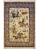 3'0x5'0 Pak Persian Area Rug with Silk & Wool Pile - Pictorial Hunting Shikargah Design | Hand-Knotted in White