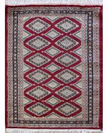 2'0x2'10 Bokhara Jaldar Area Rug with Silk & Wool Pile - Geometric Diamond Design | Hand-Knotted in Red