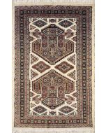 4'0x5'11 Caucasian Design Area Rug with Silk & Wool Pile - Geometric Design | Hand-Knotted in Ivory