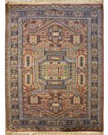 3'11x6'3 Caucasian Design Area Rug with Silk & Wool Pile - Geometric Design | Hand-Knotted in Reddish Brown