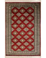 4'0x6'4 Bokhara Jaldar Area Rug with Silk & Wool Pile - Geometric Diamond Design | Hand-Knotted in Red