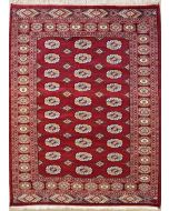 4'0x5'11 Bokhara Jaldar Area Rug with Silk & Wool Pile - Special Mori Bokhara Elephant Foot Design | Hand-Knotted in Red