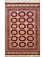 4'2x5'10 Bokhara Jaldar Area Rug with Silk & Wool Pile - Special Mori Bokhara Elephant Foot Design | Hand-Knotted in Red