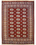 4'1x6'1 Bokhara Jaldar Area Rug with Silk & Wool Pile - Special Mori Bokhara Elephant Foot Design | Hand-Knotted in Red