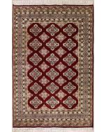 4'0x5'11 Bokhara Jaldar Area Rug with Silk & Wool Pile - Geometric Diamond Design | Hand-Knotted in Red