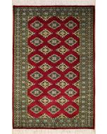 4'1x6'2 Bokhara Jaldar Area Rug with Silk & Wool Pile - Geometric Diamond Design | Hand-Knotted in Red