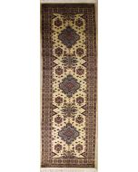 2'6x9'6 Caucasian Design Area Rug with Wool Pile - Geometric Design | Hand-Knotted in White