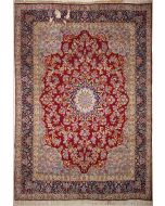 9'9"x12'10" Resplendent Floral Pak Persian Rug in Stunning Red, Beige & Blue, Vintage 9x12 Wool Double Knot Elegance, Hand-Knotted Kashan / Isfahan Rug, qk08906 