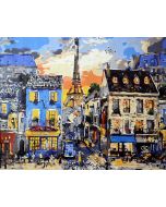 The Illustrious Marvel: "The town of Eiffel" in Inviting Blue, Beige & Grey, Brushwork in 16x20(in) Acrylic on Canvas painting, Scenic Art, pal1