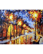 The Entrancing Manifestation: "Rainy Night" in Twinkling Gold, Blue & Brown, Brushwork in 16x20(in) Acrylic on Canvas painting, Scenic & Impressionism / Everyday Life Art, pal12