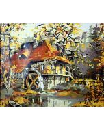 The Phenomenal Innovation: "Waterwheel House" in Shining Gold, Beige & Green, Brushwork in 16x20(in) Acrylic on Canvas painting, Scenic Art, pal52