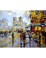 The Exhilarating Workmanship: "Parisian Post-Rain Glow" in Enlivening Grey, Gold & White, Brushwork in 16x20(in) Acrylic on Canvas painting, Scenic & Impressionism / Everyday Life Art, pal63