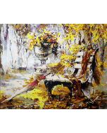 The Dreamlike Workmanship: "Autumn's Embrace" in Glittering White, Brown & Gold, Brushwork in 16x20(in) Acrylic on Canvas painting, Still Life Art, pal82
