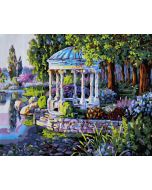 The Magnificent Beauty: "A Gazebo in Heaven" in Elegant Green, Grey & White, Brushwork in 16x20(in) Acrylic on Canvas painting, Scenic & Still Life Art, pa165l