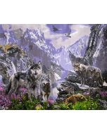 The Astonishing Pinnacle: "Wolf Pack" in Electrifying Purple, Green & Grey, Brushwork in 16x20(in) Acrylic on Canvas painting, Scenic & Natural World Art, pa174l