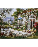 The Astonishing Excellence: "Garden House Charm" in Glittering White, Beige & Green, Brushwork in 16x20(in) Acrylic on Canvas painting, Scenic & Still Life Art, PA179L