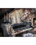 The Exuberant Execution: "Piano Serenade" in Shimmering Brown, Beige & Grey, Brushwork in 16x20(in) Acrylic on Canvas painting, Still Life Art, pa180l