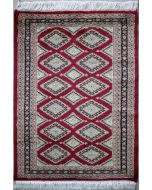 2'0x2'10 Bokhara Jaldar Area Rug with Silk & Wool Pile - Geometric Diamond Design | Hand-Knotted in Red
